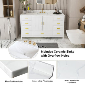 English Elm 60 Inch Navy Bathroom Vanity with Carrara Quartz Top Gold Hardware and 7 Drawers White W2699S00142