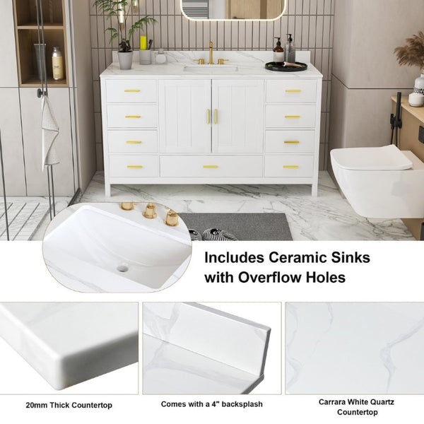 English Elm 60 Inch Navy Bathroom Vanity with Carrara Quartz Top Gold Hardware and 7 Drawers White W2699S00142