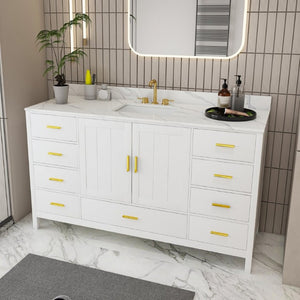 English Elm 60 Inch Navy Bathroom Vanity with Carrara Quartz Top Gold Hardware and 7 Drawers White W2699S00142