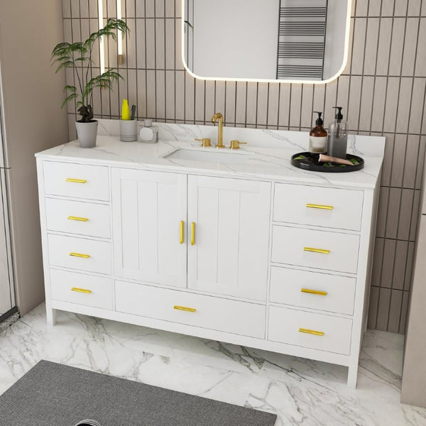 English Elm 60 Inch Navy Bathroom Vanity with Carrara Quartz Top Gold Hardware and 7 Drawers White W2699S00142
