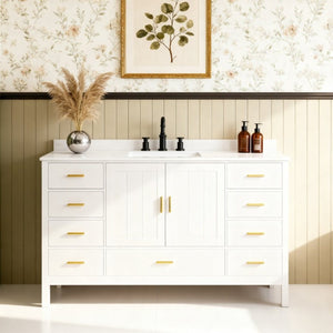 English Elm 60 Inch Navy Bathroom Vanity with Carrara Quartz Top Gold Hardware and 7 Drawers White W2699S00142