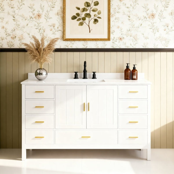 English Elm 60 Inch Navy Bathroom Vanity with Carrara Quartz Top Gold Hardware and 7 Drawers White W2699S00142
