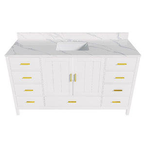 English Elm 60 Inch Navy Bathroom Vanity with Carrara Quartz Top Gold Hardware and 7 Drawers White W2699S00142