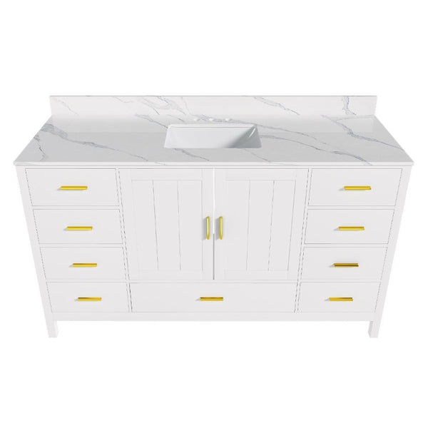 English Elm 60 Inch Navy Bathroom Vanity with Carrara Quartz Top Gold Hardware and 7 Drawers White W2699S00142