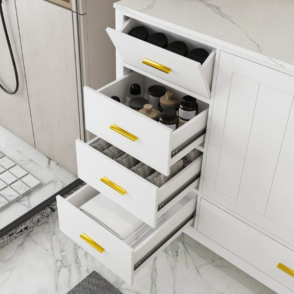 English Elm 60 Inch Navy Bathroom Vanity with Carrara Quartz Top Gold Hardware and 7 Drawers White W2699S00142