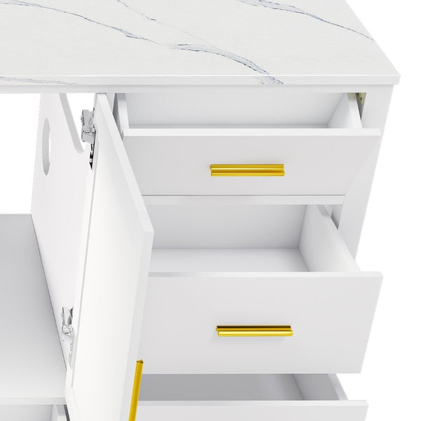 English Elm 60 Inch Navy Bathroom Vanity with Carrara Quartz Top Gold Hardware and 7 Drawers White W2699S00142
