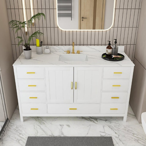 English Elm 60 Inch Navy Bathroom Vanity with Carrara Quartz Top Gold Hardware and 7 Drawers White W2699S00142