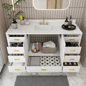 English Elm 60 Inch Navy Bathroom Vanity with Carrara Quartz Top Gold Hardware and 7 Drawers White W2699S00142