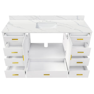 English Elm 60 Inch Navy Bathroom Vanity with Carrara Quartz Top Gold Hardware and 7 Drawers White W2699S00142
