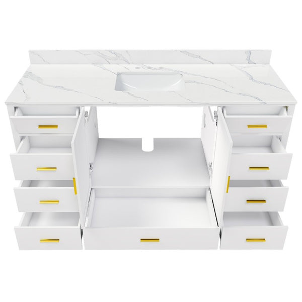English Elm 60 Inch Navy Bathroom Vanity with Carrara Quartz Top Gold Hardware and 7 Drawers White W2699S00142