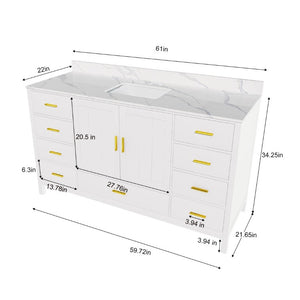 English Elm 60 Inch Navy Bathroom Vanity with Carrara Quartz Top Gold Hardware and 7 Drawers White W2699S00142