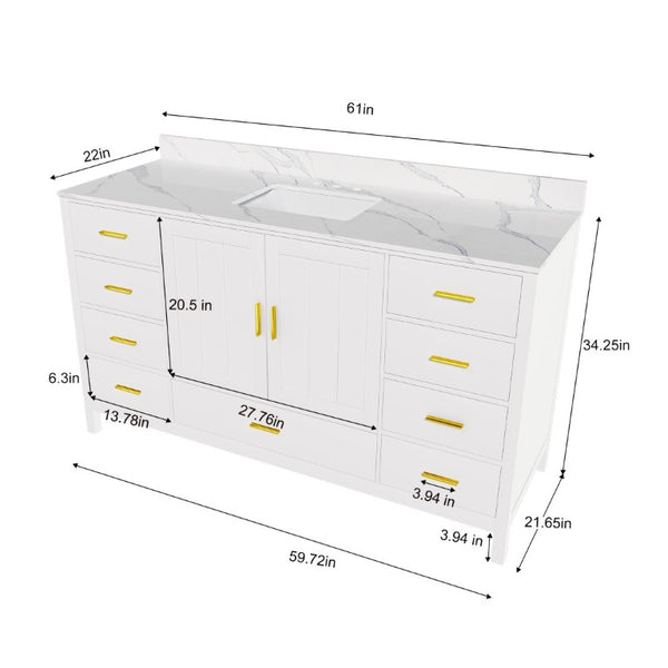 English Elm 60 Inch Navy Bathroom Vanity with Carrara Quartz Top Gold Hardware and 7 Drawers White W2699S00142