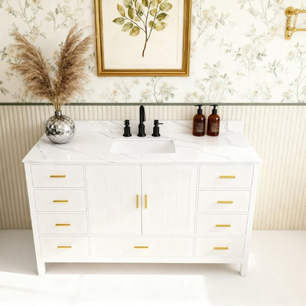 English Elm 60 Inch Navy Bathroom Vanity with Carrara Quartz Top Gold Hardware and 7 Drawers White W2699S00142