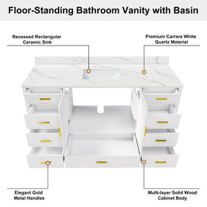 English Elm 60 Inch Navy Bathroom Vanity with Carrara Quartz Top Gold Hardware and 7 Drawers White W2699S00142