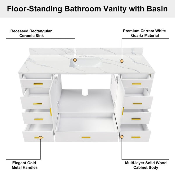 English Elm 60 Inch Navy Bathroom Vanity with Carrara Quartz Top Gold Hardware and 7 Drawers White W2699S00142