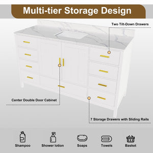 English Elm 60 Inch Navy Bathroom Vanity with Carrara Quartz Top Gold Hardware and 7 Drawers White W2699S00142