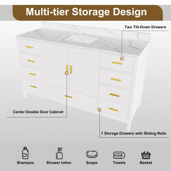 English Elm 60 Inch Navy Bathroom Vanity with Carrara Quartz Top Gold Hardware and 7 Drawers White W2699S00142