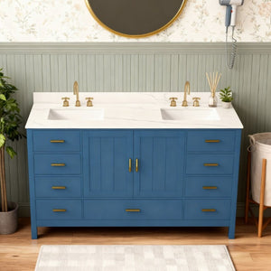 English Elm 60 Inch Double Sink Bathroom Vanity Quartz Top Gold Hardware 7 Drawer Storage Blue W2699S00143