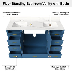 English Elm 60 Inch Double Sink Bathroom Vanity Quartz Top Gold Hardware 7 Drawer Storage Blue W2699S00143