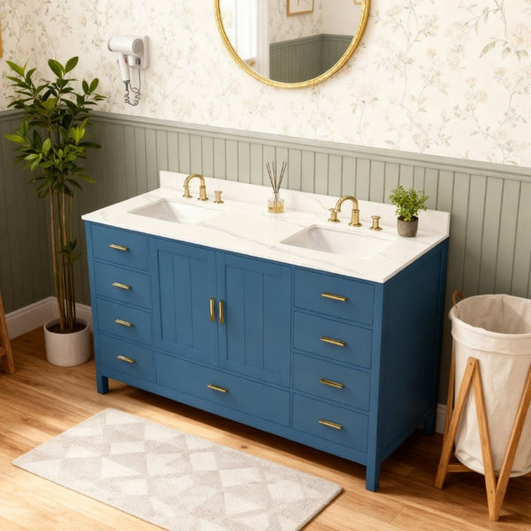 English Elm 60 Inch Double Sink Bathroom Vanity Quartz Top Gold Hardware 7 Drawer Storage Blue W2699S00143