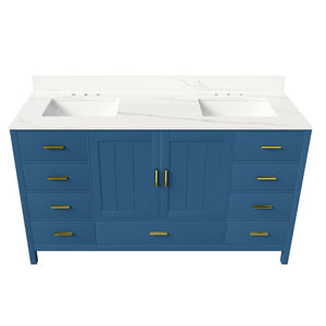 English Elm 60 Inch Double Sink Bathroom Vanity Quartz Top Gold Hardware 7 Drawer Storage Blue W2699S00143