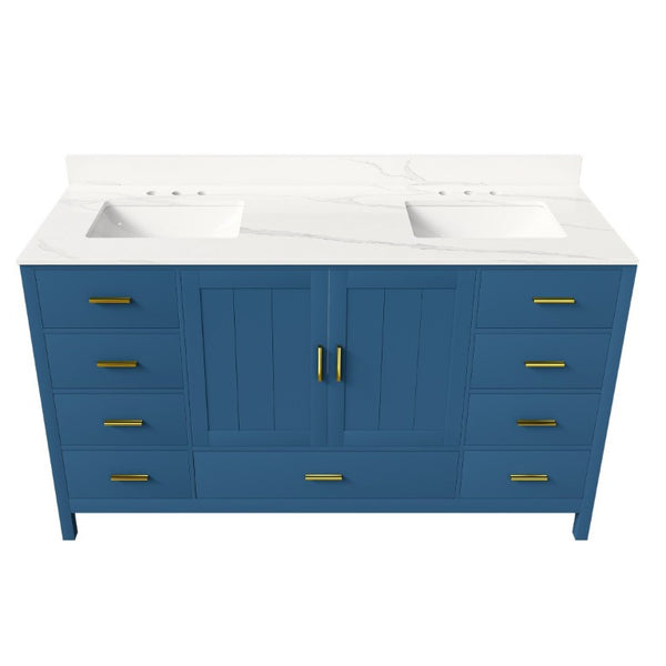 English Elm 60 Inch Double Sink Bathroom Vanity Quartz Top Gold Hardware 7 Drawer Storage Blue W2699S00143
