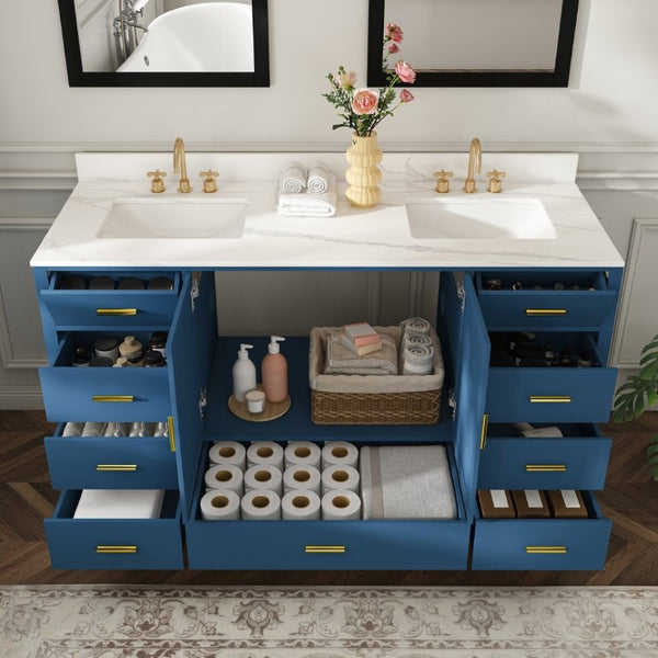 English Elm 60 Inch Double Sink Bathroom Vanity Quartz Top Gold Hardware 7 Drawer Storage Blue W2699S00143