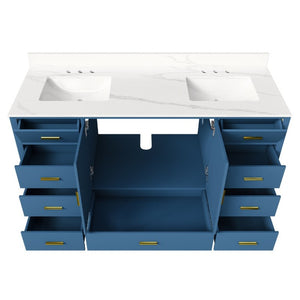 English Elm 60 Inch Double Sink Bathroom Vanity Quartz Top Gold Hardware 7 Drawer Storage Blue W2699S00143