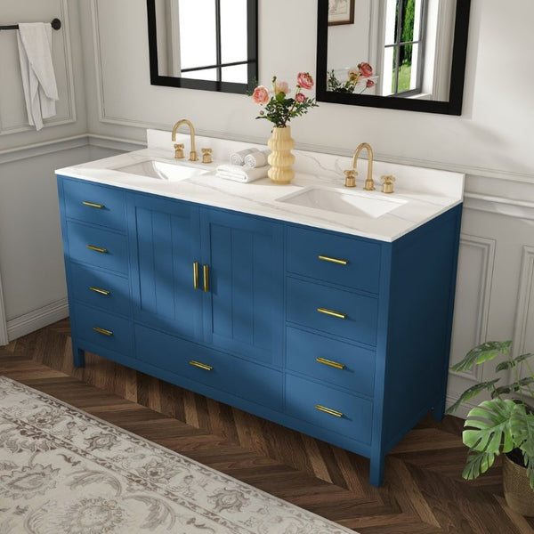English Elm 60 Inch Double Sink Bathroom Vanity Quartz Top Gold Hardware 7 Drawer Storage Blue W2699S00143