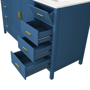English Elm 60 Inch Double Sink Bathroom Vanity Quartz Top Gold Hardware 7 Drawer Storage Blue W2699S00143