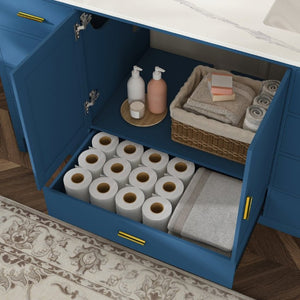 English Elm 60 Inch Double Sink Bathroom Vanity Quartz Top Gold Hardware 7 Drawer Storage Blue W2699S00143