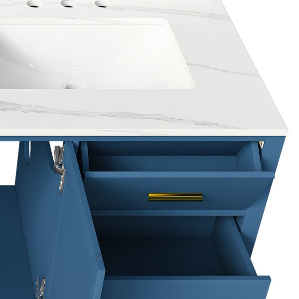English Elm 60 Inch Double Sink Bathroom Vanity Quartz Top Gold Hardware 7 Drawer Storage Blue W2699S00143