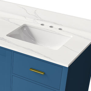 English Elm 60 Inch Double Sink Bathroom Vanity Quartz Top Gold Hardware 7 Drawer Storage Blue W2699S00143