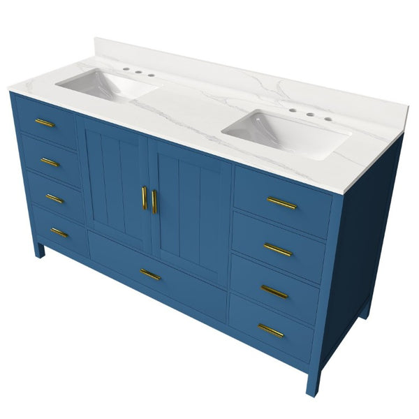 English Elm 60 Inch Double Sink Bathroom Vanity Quartz Top Gold Hardware 7 Drawer Storage Blue W2699S00143