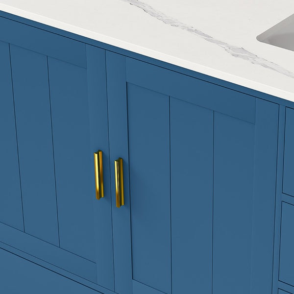 English Elm 60 Inch Double Sink Bathroom Vanity Quartz Top Gold Hardware 7 Drawer Storage Blue W2699S00143