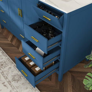 English Elm 60 Inch Double Sink Bathroom Vanity Quartz Top Gold Hardware 7 Drawer Storage Blue W2699S00143