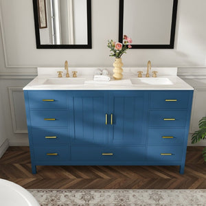 English Elm 60 Inch Double Sink Bathroom Vanity Quartz Top Gold Hardware 7 Drawer Storage Blue W2699S00143