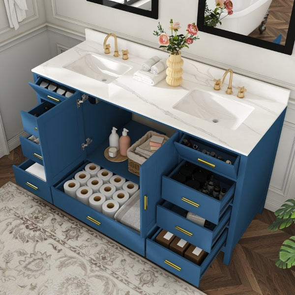 English Elm 60 Inch Double Sink Bathroom Vanity Quartz Top Gold Hardware 7 Drawer Storage Blue W2699S00143
