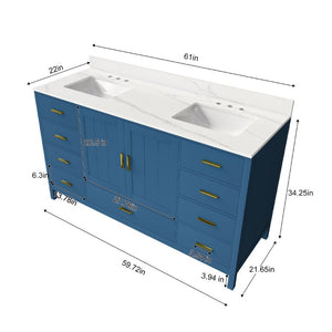 English Elm 60 Inch Double Sink Bathroom Vanity Quartz Top Gold Hardware 7 Drawer Storage Blue W2699S00143