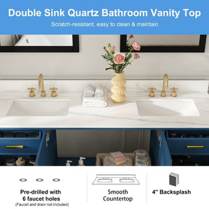 English Elm 60 Inch Double Sink Bathroom Vanity Quartz Top Gold Hardware 7 Drawer Storage Blue W2699S00143