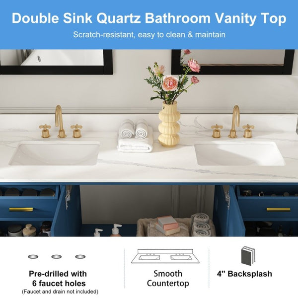 English Elm 60 Inch Double Sink Bathroom Vanity Quartz Top Gold Hardware 7 Drawer Storage Blue W2699S00143