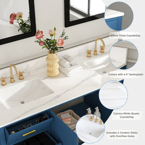 English Elm 60 Inch Double Sink Bathroom Vanity Quartz Top Gold Hardware 7 Drawer Storage Blue W2699S00143