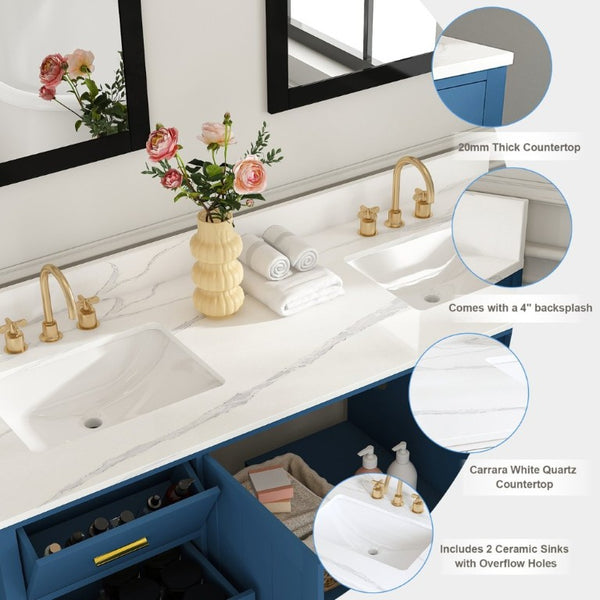 English Elm 60 Inch Double Sink Bathroom Vanity Quartz Top Gold Hardware 7 Drawer Storage Blue W2699S00143