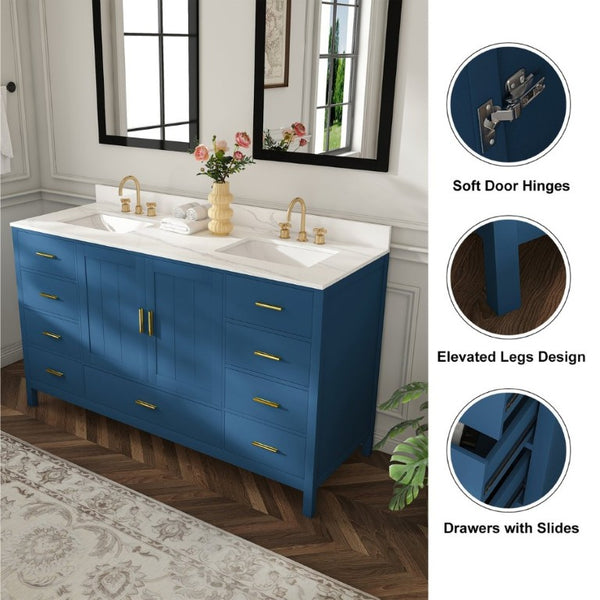English Elm 60 Inch Double Sink Bathroom Vanity Quartz Top Gold Hardware 7 Drawer Storage Blue W2699S00143