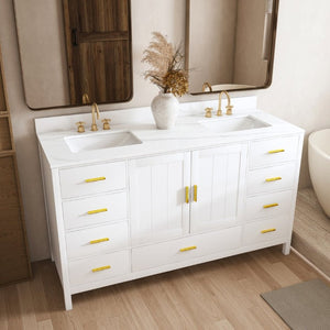 English Elm 60 Inch Double Sink Bathroom Vanity Quartz Top Gold Hardware 7 Drawer Storage White W2699S00144