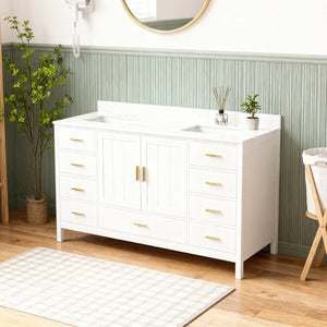 English Elm 60 Inch Double Sink Bathroom Vanity Quartz Top Gold Hardware 7 Drawer Storage White W2699S00144