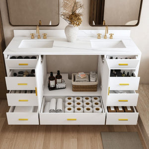 English Elm 60 Inch Double Sink Bathroom Vanity Quartz Top Gold Hardware 7 Drawer Storage White W2699S00144
