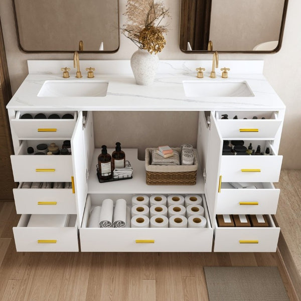 English Elm 60 Inch Double Sink Bathroom Vanity Quartz Top Gold Hardware 7 Drawer Storage White W2699S00144
