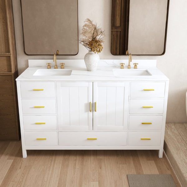 English Elm 60 Inch Double Sink Bathroom Vanity Quartz Top Gold Hardware 7 Drawer Storage White W2699S00144