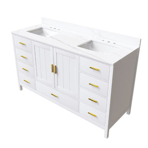 English Elm 60 Inch Double Sink Bathroom Vanity Quartz Top Gold Hardware 7 Drawer Storage White W2699S00144